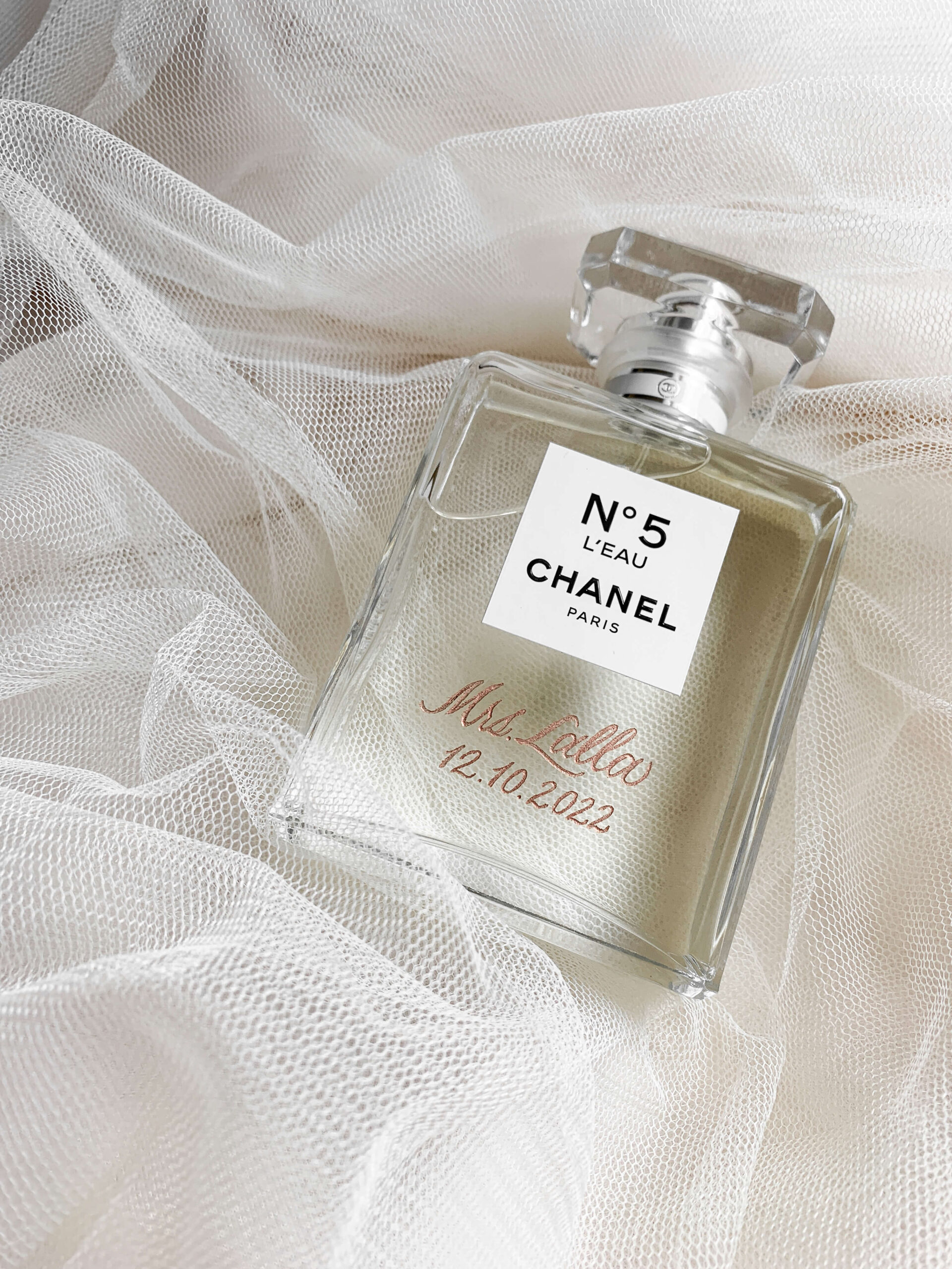 Perfume engraving on Chanel perfume bottle.