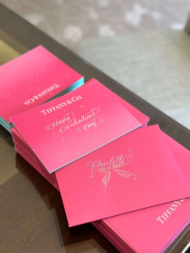 Calligraphy on note card and envelope at Tiffany and Co. in Walnut Creek