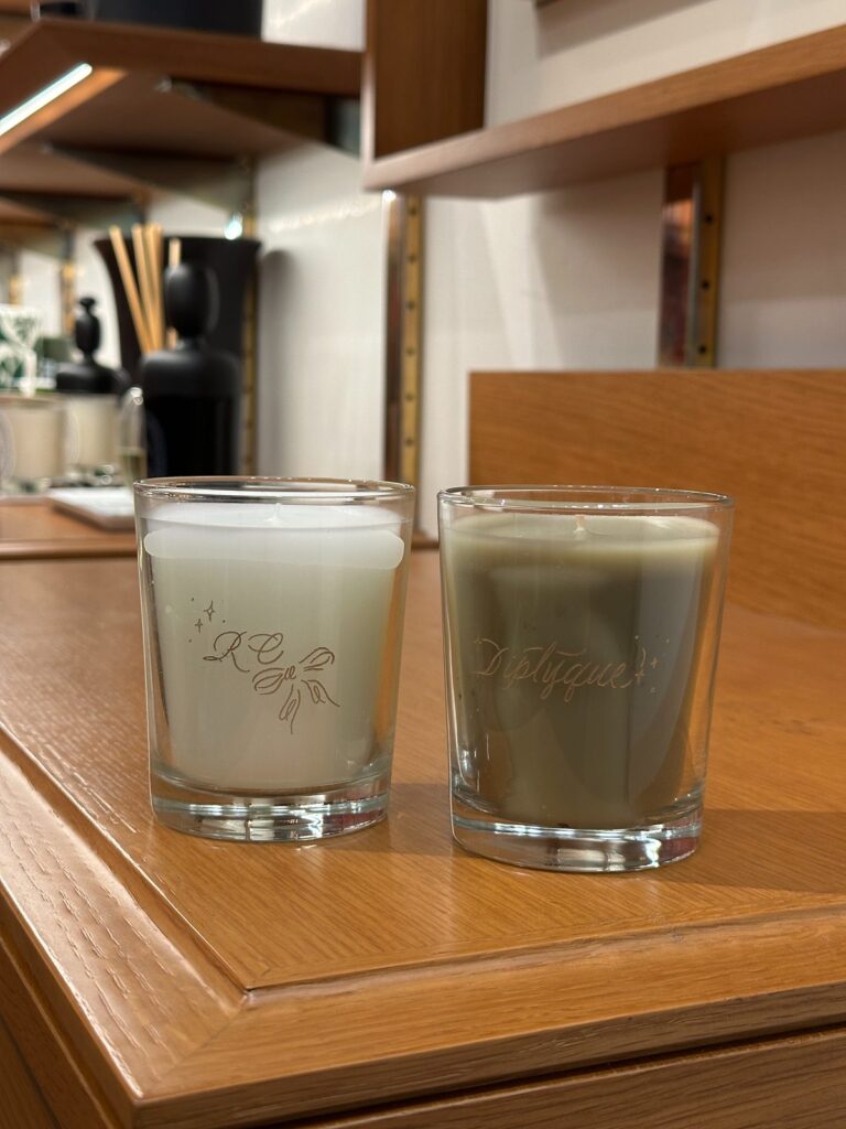 Custom engraved name and initials on Diptyque candles.