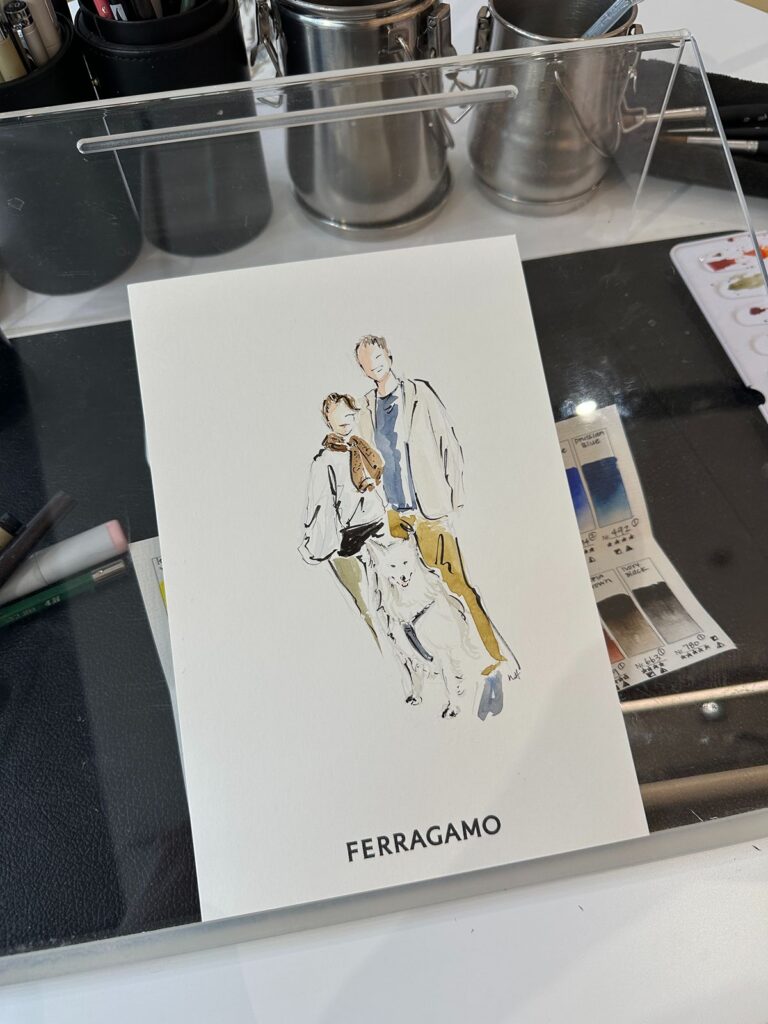 A watercolor illustration of a couple and their white dog.