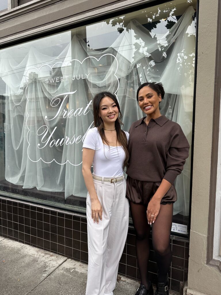 Nancy Huang with Ayesha Curry at the Sweet July product launch event in San Francisco.